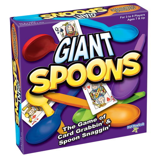 Giant Spoons front of game box purple with giant colorful spoons 