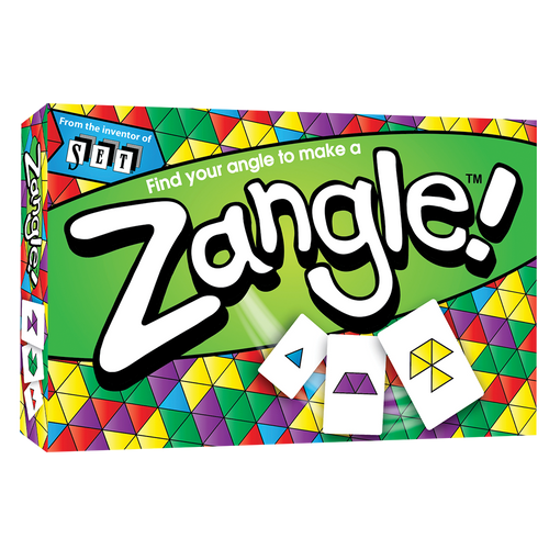 Zangle- front of packaging, tiny bright triangles with Zangle! across the front in white