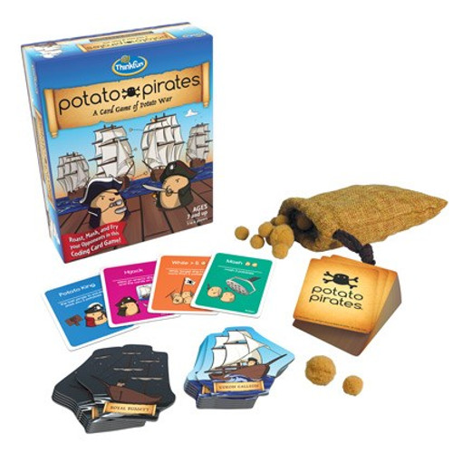 Potato Pirates front of the game box featuring potatoes dressed as pirates with ships in the background and game components fanned out in front including 2 different ship tile stacks, a bag of potatoes, and deck of cards