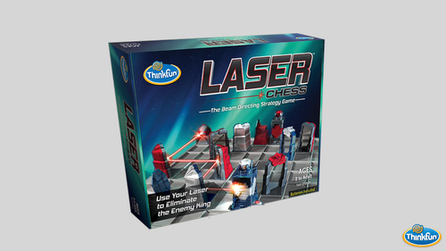 Laser Chess (Khet) front of game box featuring pieces with mirrors and towers and laser beams
