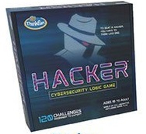 Hacker front of package featuring a detective with his collar pulled high, with Hacker in purple font 