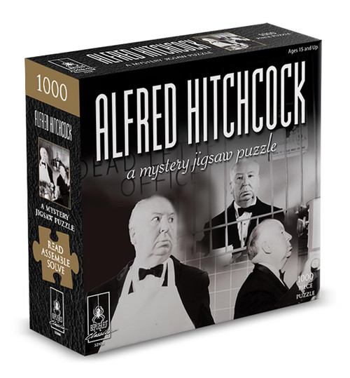 Alfred Hitchcock Mystery Jigsaw front of puzzle box featuring a gentleman in an apron, at the phone and behind prison bars