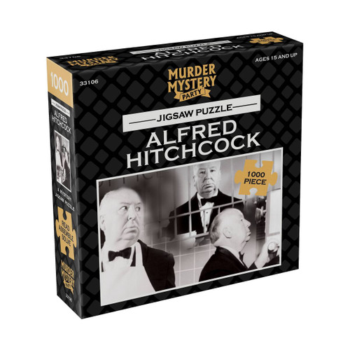 Alfred Hitchcock Mystery Jigsaw front of puzzle box featuring a gentleman in an apron, at the phone and behind prison bars