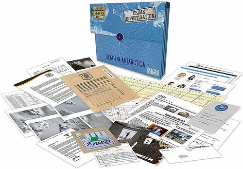Death in Antarctica—Murder Mystery Party Case Files Unsolved, a blue case file box with all the contents fanned out in front of it
