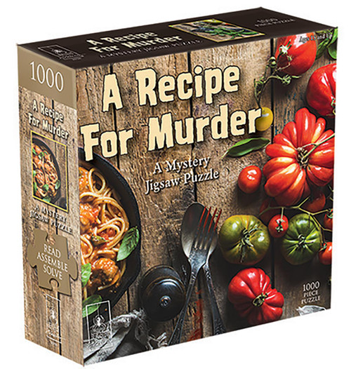 Recipe for Murder Mystery 1000pc front of product featuring a wooden table with veggies and utensils 