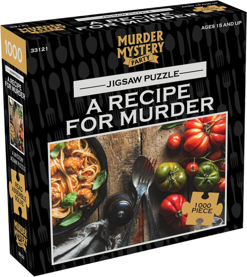 Recipe for Murder Mystery 1000pc front of product featuring a wooden table with veggies and utensils