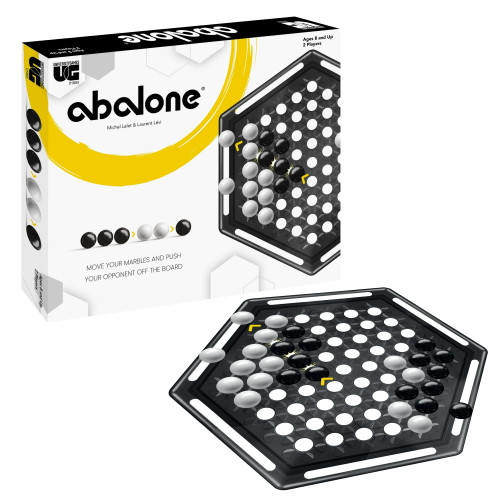 game box cover with a yellow swoosh with a black game board with holes to hold marble like balls