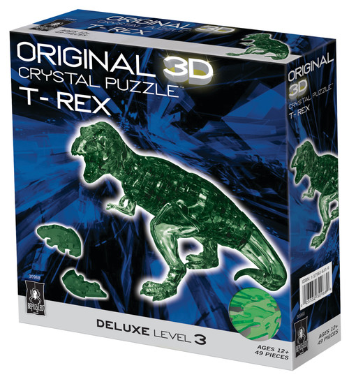T-Rex Crystal 3D Puzzle front of packaging showing completed green T-Rex