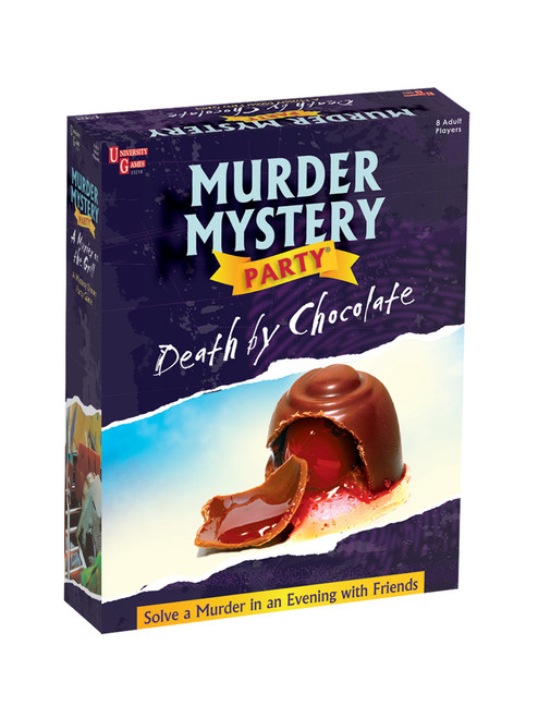 Death by Chocolate mystery party front of game box, purple box featuring an chocolate covered cherry