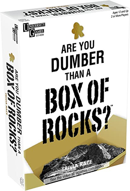 Box of Rocks, Dumber Than front of game box, white box featuring  a box of rocks