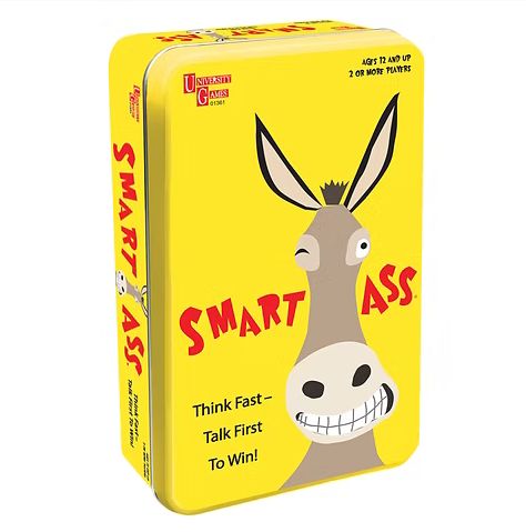 Yellow packaging tin with a cartoon of a winking donkey