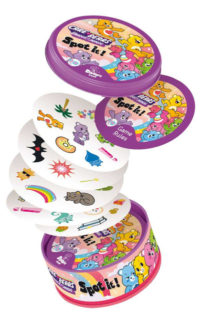 Spot It Care Bears, circle tin open to reveal circle cards