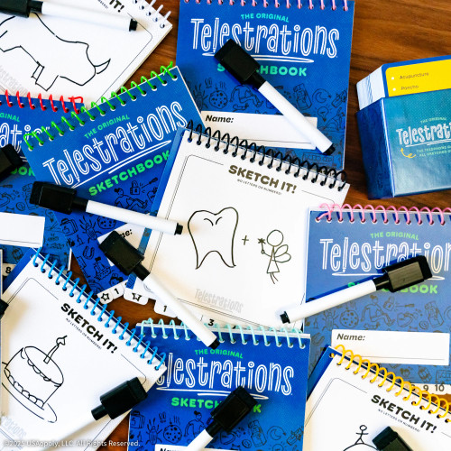 Game components including markets and dry erase pads with drawings