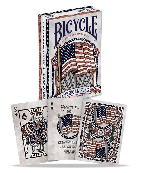 Image of Bicycle's American Flag deck cards out of the packaging to display card back art and examples of art on card fronts