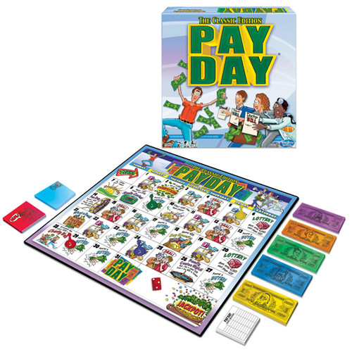 Payday front of game box with the game set in front with fake  bright colored money