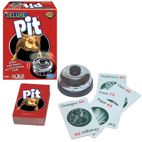 Deluxe Pit, Pit with a gold bull on the back of cards, and a silver service bell, Sample Cards: Oranges, Sugar, Corn, Oats, Soybeans