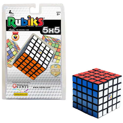 Rubik's 5x5 Professor Cube out of packaging, viewing 3 sides 