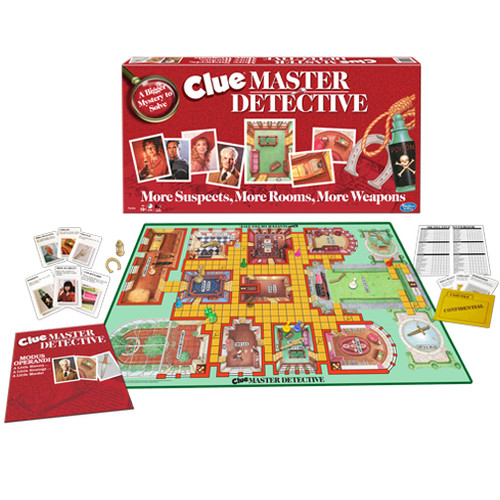 Clue: Master Detective with game contents and game board laid out in front of the game box