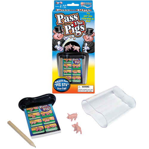 Pass the Pigs front of game packaging, 2 mini pigs, a pencil, cards. and clear holding case