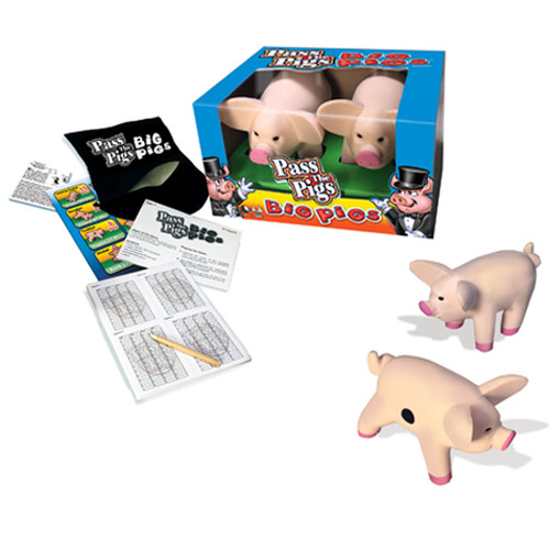 Pass the Pigs Big Pigs game contents fanned out in front of packaging 