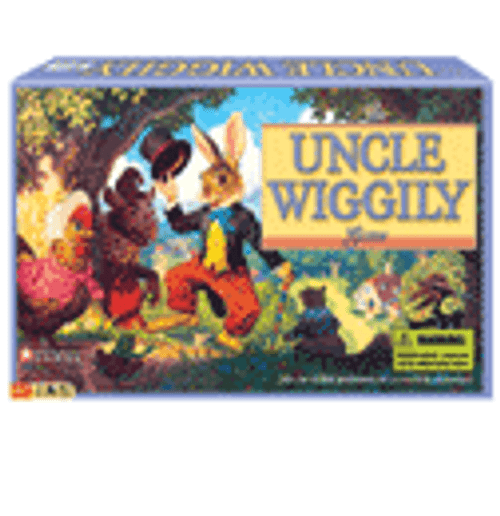 Uncle Wiggily front of game box featuring a rabbit in clothing with a cane and top hat