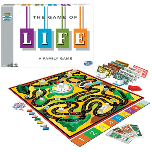 The Game of Life Classic Edition front of the game box with the game components in the front 