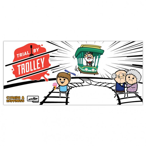 Trial by Trolley front of game box featuring cyanide & Happiness art of a trolley heading toward an elder couple or a kid with ice cream