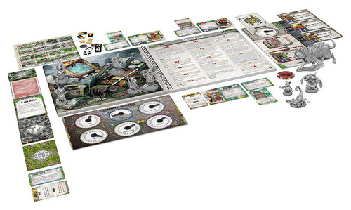 Game set up and all components laid out, spiraled book, miniatures, dials, cards, tokens 