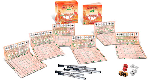 Several game cards with dry erase markers and dice