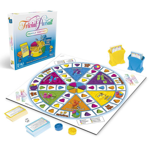 Trivial Pursuit Family Edition  game box, with the game board in front laid out with all the pieces 