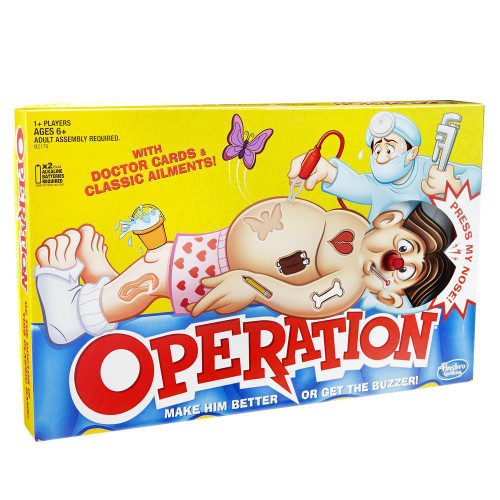 Operation front of game box featuring a guy with a clown nose being operated on 