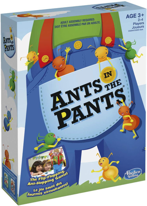 Ants in the Pants (2017) front of game box featuring ants in the pocket on blue overalls 