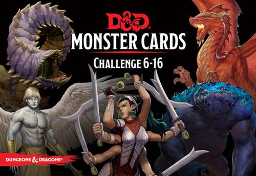 Dungeons & Dragons Challenge Rating 6-16 Monster Cards front of packaging , many armed wielding many swords  character and others 