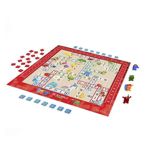 Scrabble Junior game in midplay, with letter tiles, color coded characters  