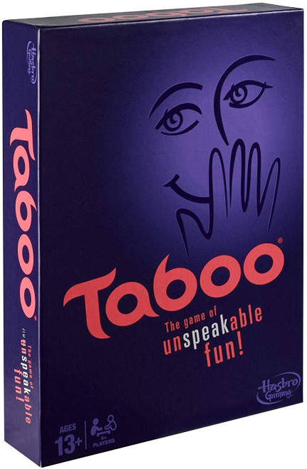 Taboo (2018) front of game box, purple with pink font 