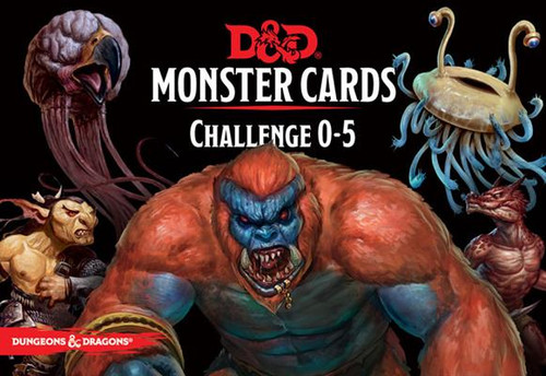 Dungeons & Dragons Challenge Rating 0-5 Monster Cards front of packaging featuring an orange ape like monster with a blue face and others. 