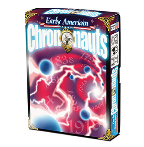 Early American Chrononauts front of package featuring years and lightening and blue balls