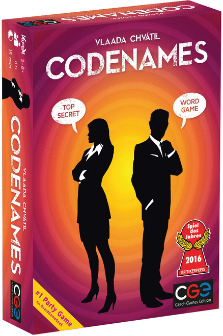 Codenames front of box with 2 people silhouettes with speech bubbles 