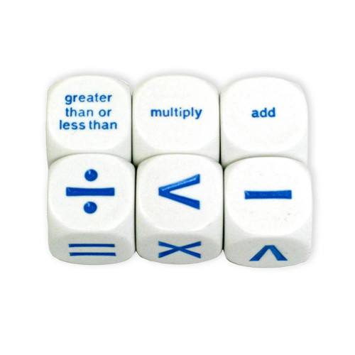 Math Dice: 20mm 6-function Operators, white dice with blue Multiply, add, division, greater or less than 