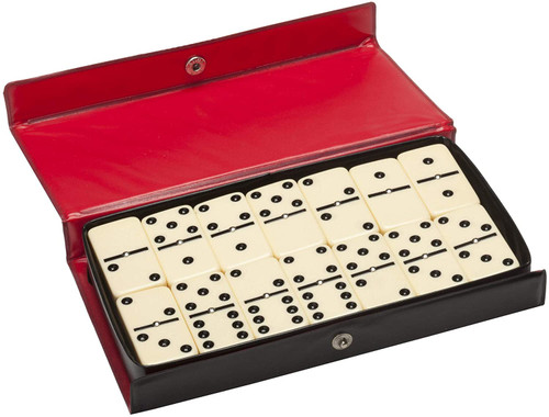 Double 6 Dominoes with Spinners, inside an open black case with red interior