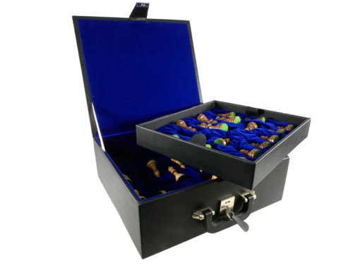 Black Vinyl Chessmen Box, 4.5" Max, exterior black, interior bright blue, two tiered, soft interior- box open 