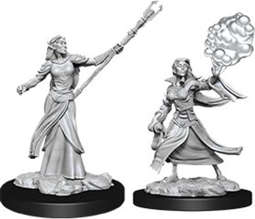 Unpainted Female Elf Sorcerer- one wearing a flowy dress wielding a staff , the other with magic coming from her hand 