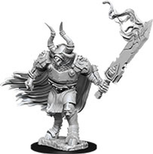 Minotaur Labyrinth Guardian—Pathfinder Deep Cuts Unpainted Miniatures W12, a cloak tattered  at the ends, huge horns, and a giant magic sword