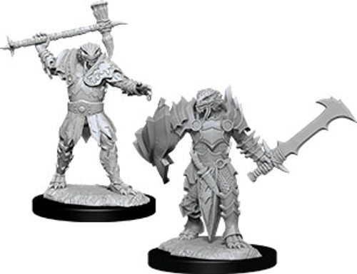 Male Dragonborn Paladin unpainted miniatures, with large weapons and shoulder metal armor  