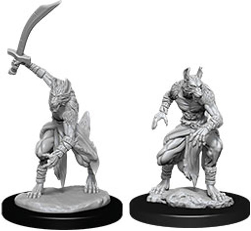 Jackalwere—D&D Nolzur's Marvelous Miniatures W12, one open to attacking with a pirate sword, the other hunched in a prowl