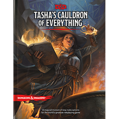 D&D Tasha's Cauldron of Everything front cover depicting a witch over a caldron 