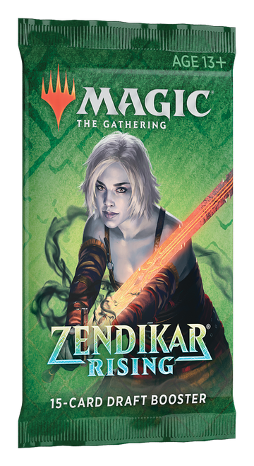 Draft Booster, Zendikar Rising—Magic the Gathering, card packaging featuring a white hair/skinned character featuring a glowing sword