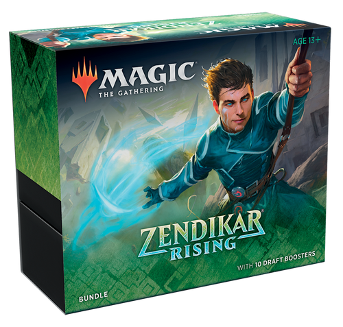Bundle, Zendikar Rising—Magic the Gathering  front of packaging featuring a guy with blue outfit and blue glowing eyes and magic 