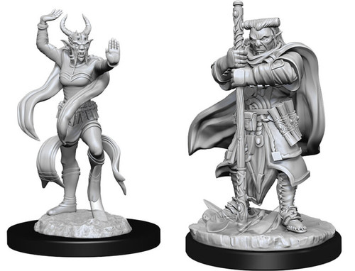 Hobgoblin Devastator & Hobgoblin Iron Shadow—D&D Nolzur's Marvelous Miniatures W13, one minature holding a staff with two hands and a stern face, other other holding out its hands 