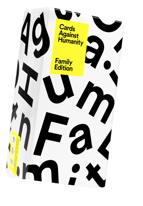 Cards Against Humanity: Family Edition, a white box with black letters 